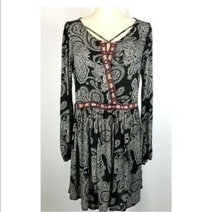 Xhilaration Paisley Black Peasant Boho Dress in L